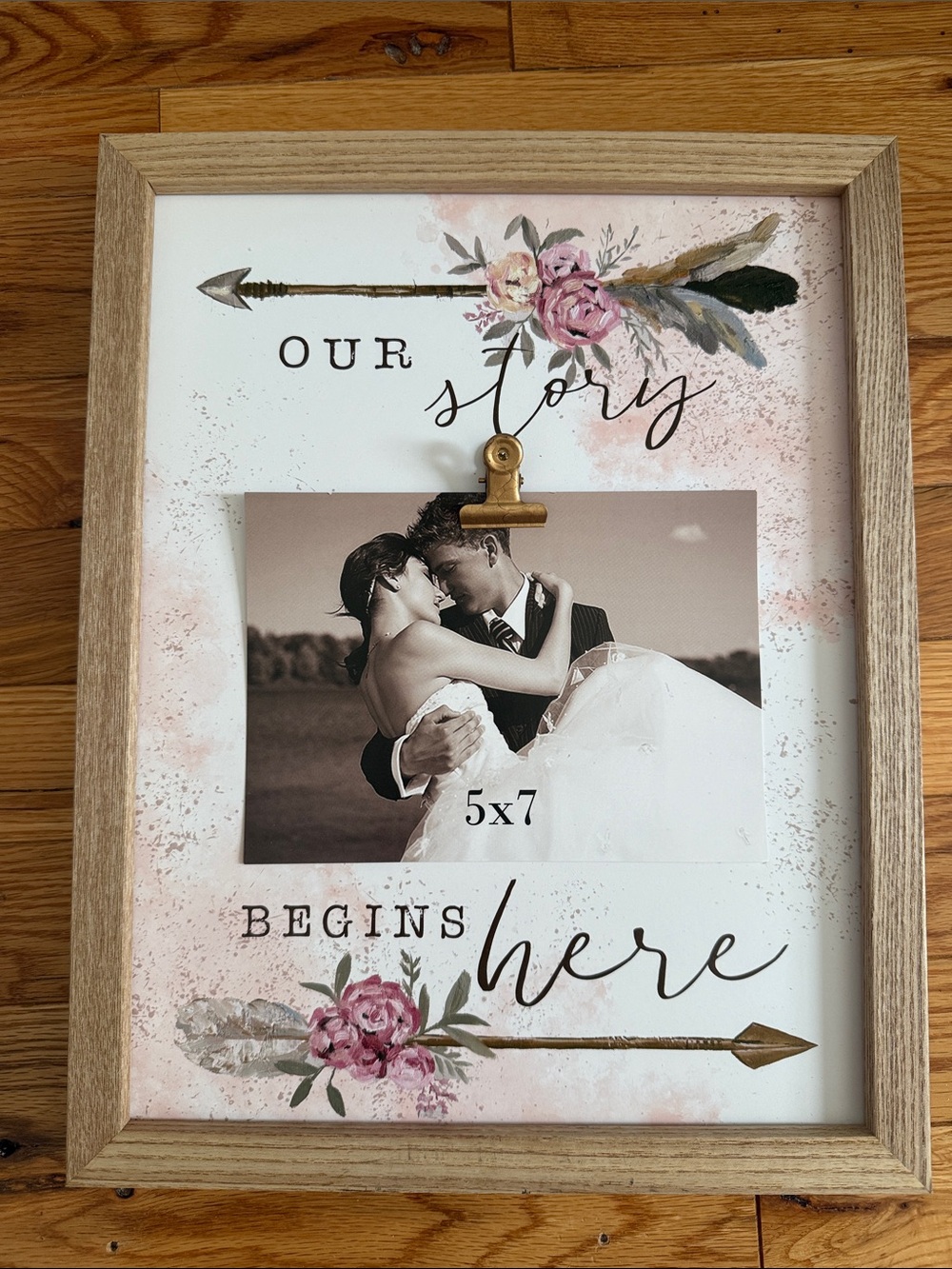 Wood Frame 'Our Story Begins Here' 5x7 Photo Clip - Pink Floral